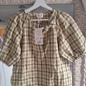 Sézane Green Plaid Top